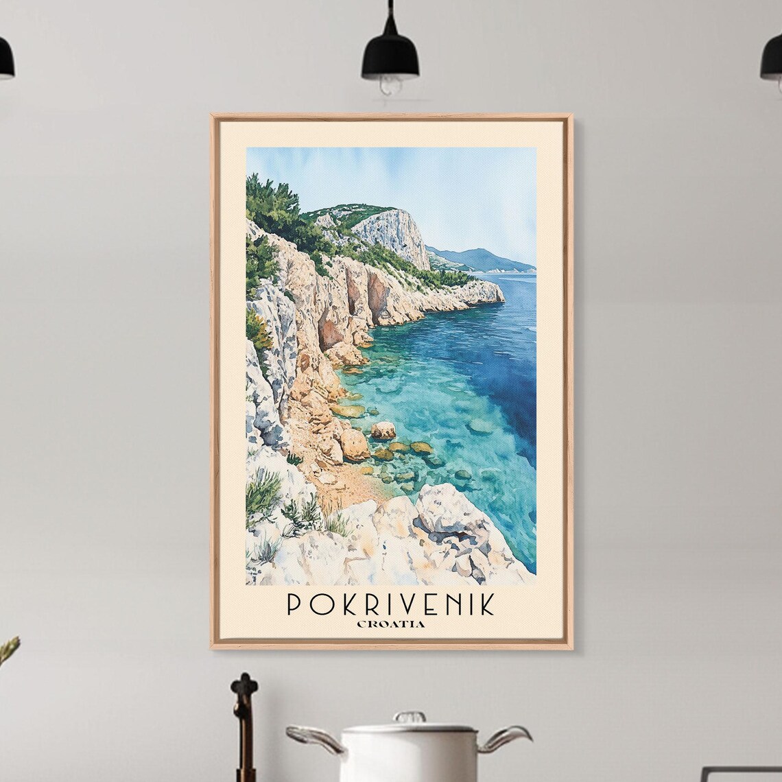 Pokrivenik Croatia White Rocky Cliffs Clear Turquoise Sea Pine Coast Watercolor Poster - Image 6