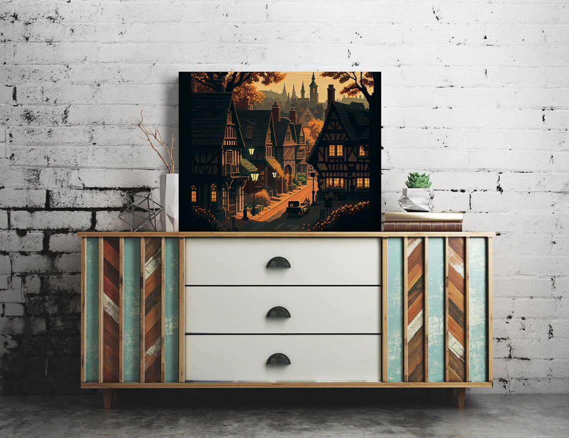 Quaint European Village Pixel Art Print, Europe