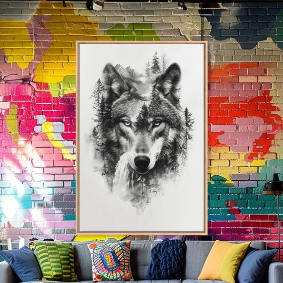 Gray Wolf Forest Mountain Wilderness Double Exposure Sketch Wall Art