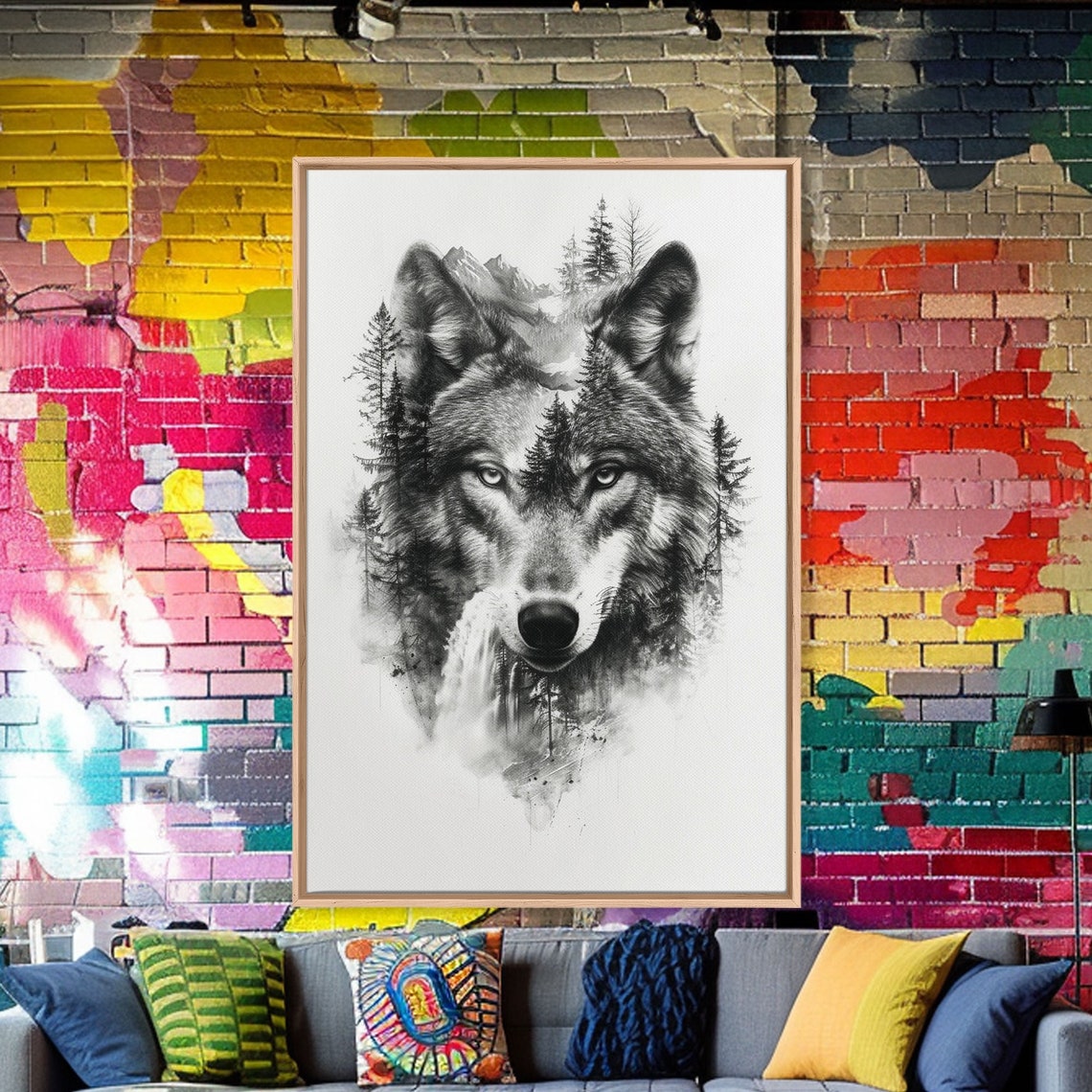 Gray Wolf Forest Mountain Wilderness Double Exposure Sketch Wall Art