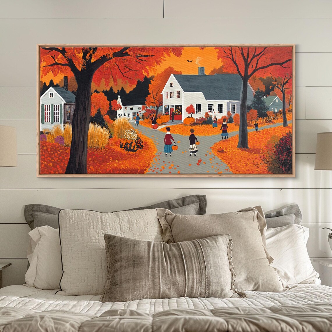 Folk Art Autumn Village Children Pumpkins Orange Trees Fall Poster - Image 2