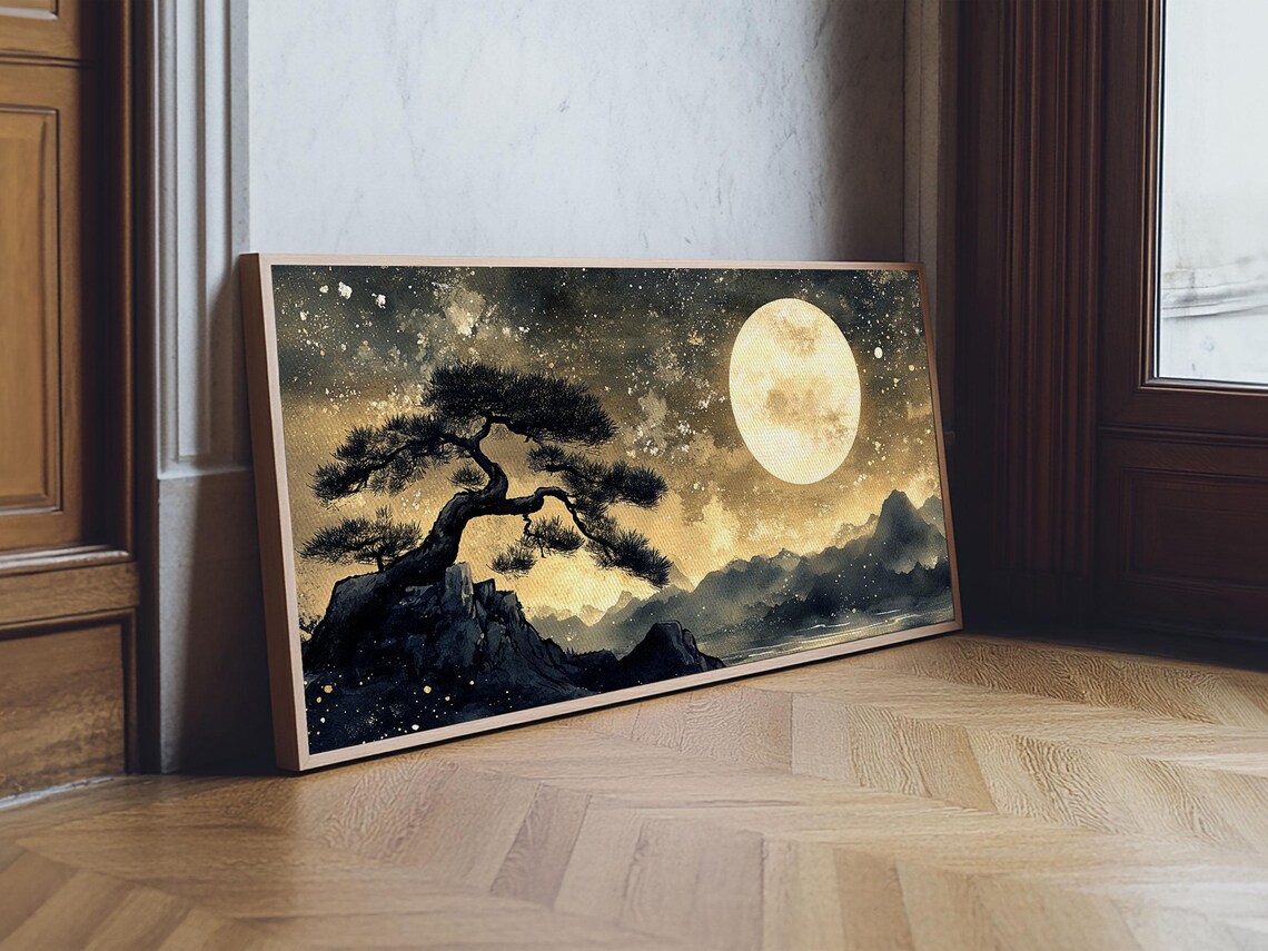 Bonsai Pine Under Full Moon Starry Gold Night Japanese Painting Print - Image 2