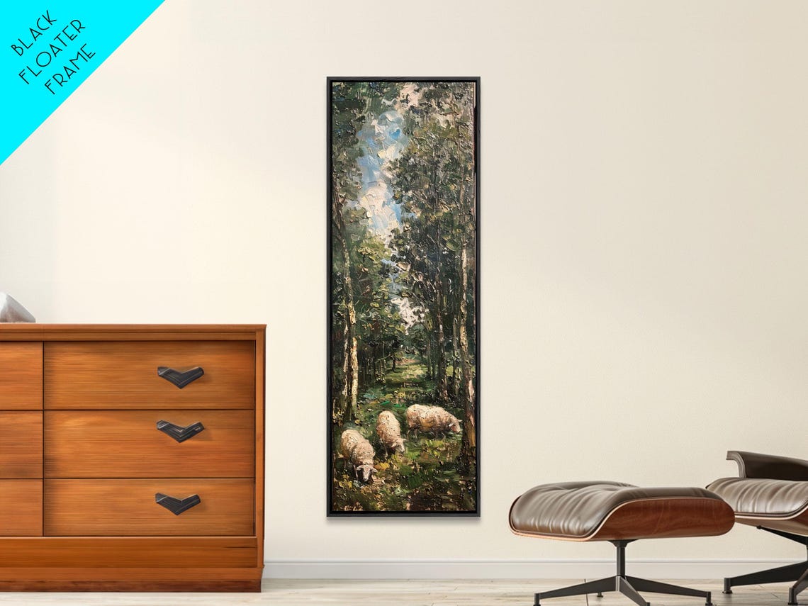 Lambs Grazing In Dark Forest Impasto Oil Painting Sheep Meadow Print - Image 3