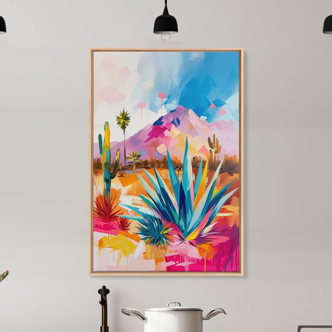 Vibrant Desert Landscape Agave Cactus Pink Mountains Wall Art