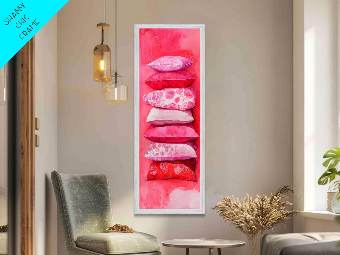 Pink Pillows Stack Watercolor Cozy Bedroom Tall Narrow Wall Art - Image 4