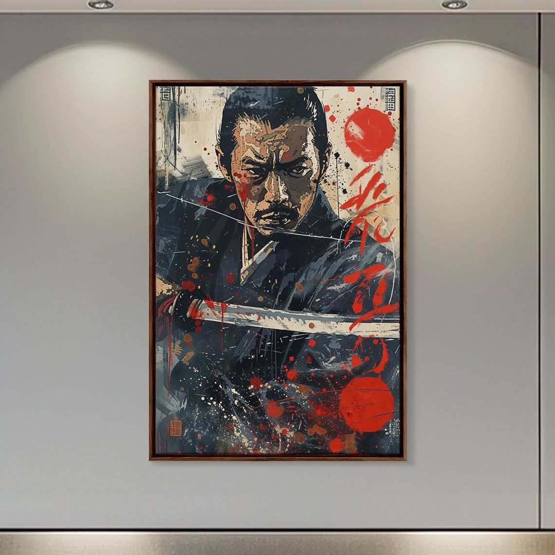 Fierce Samurai Katana Red Splatter Japanese Ink Grunge Wall Art Print - Image 5