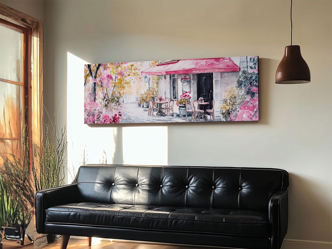 Parisian Cafe Cherry Blossom Painting Framed Print Extra Wide Art Horizontal Wall Art Rustic Above Sofa Decor - Image 3