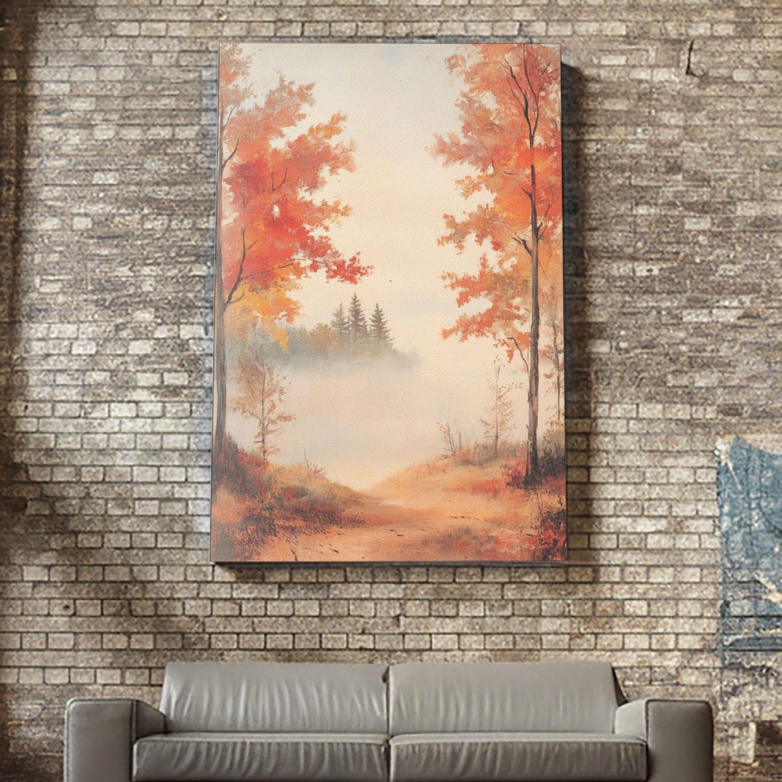 Misty Autumn Forest Path With Red Foliage Fall Landscape Art Poster