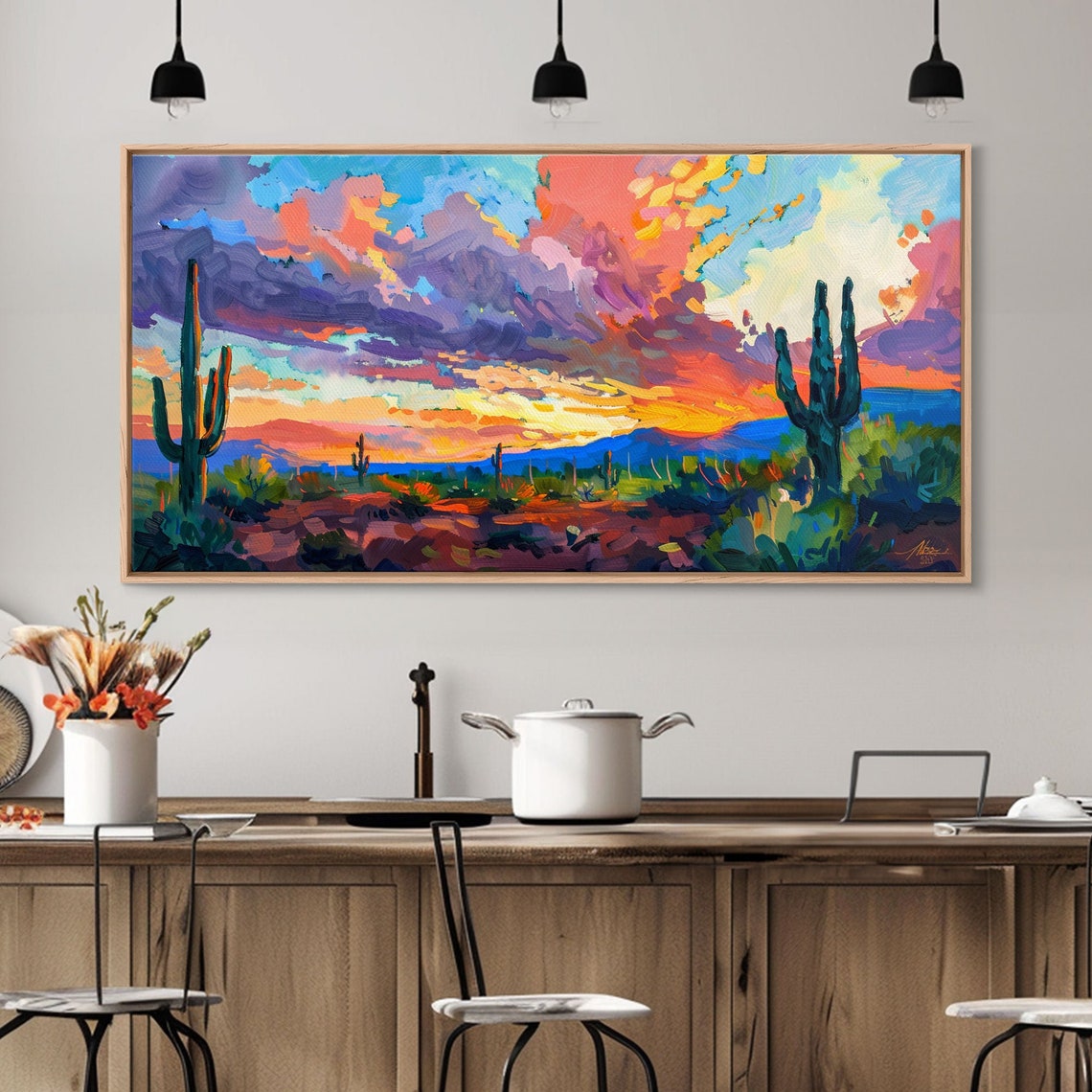 Vibrant Desert Sunset Saguaro Cacti Dramatic Cloud Sky Art Poster - Image 4