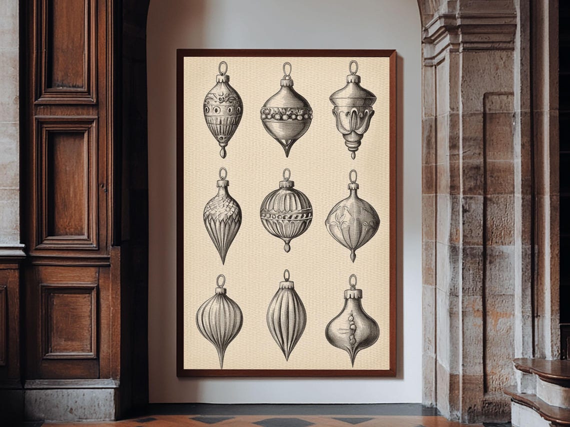 Vintage Christmas Ornament Baubles Engraving Holiday Wall Poster