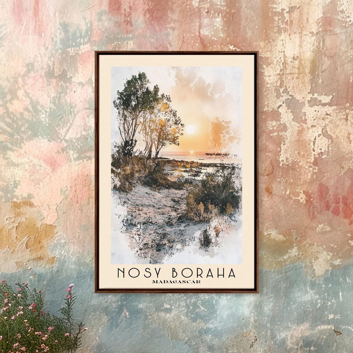 Nosy Boraha Madagascar Sunset Beach Tree Silhouette Watercolor Poster