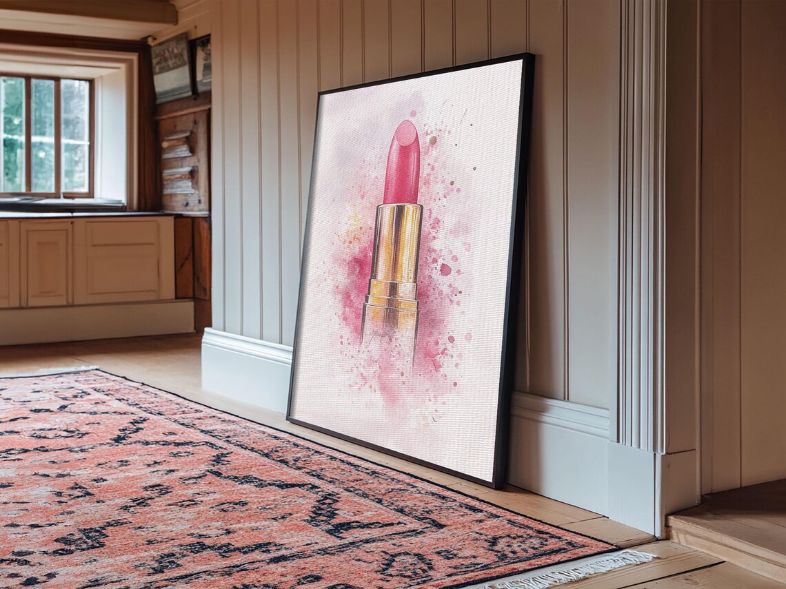 Pink Lipstick In Gold Tube Watercolor Feminine Beauty Wall Art Print - Image 2