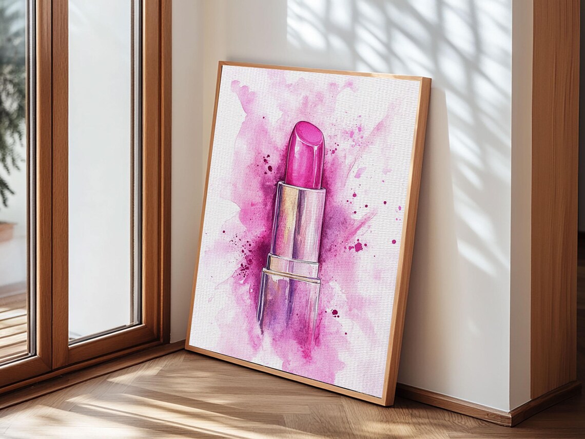 Magenta Lipstick In Chrome Tube Watercolor Bold Beauty Wall Art Print - Image 4