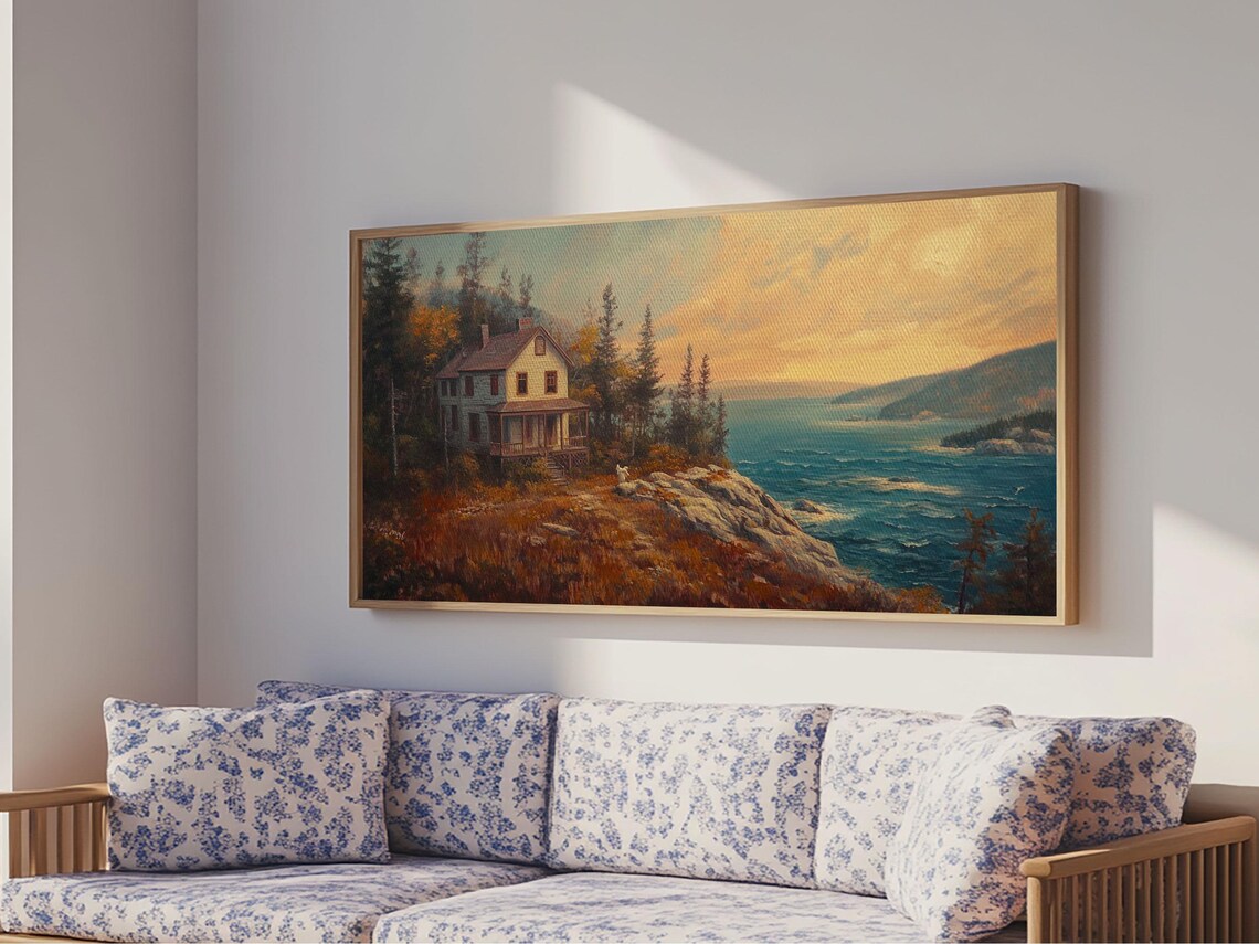 Coastal Cottage Cliff House Sunset Ocean View Landscape Travel Poster - Image 3