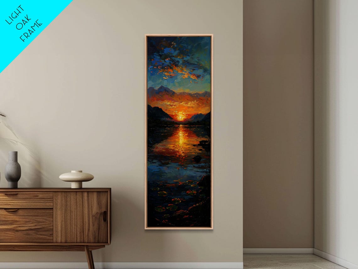 Vibrant Sunset Over Mountain Lake Reflection Oil Painting Print - Image 6