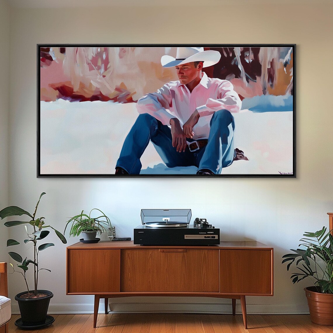 Cowboy In A White Hat And Pink Shirt Sitting In The Snow Art Print - Image 4