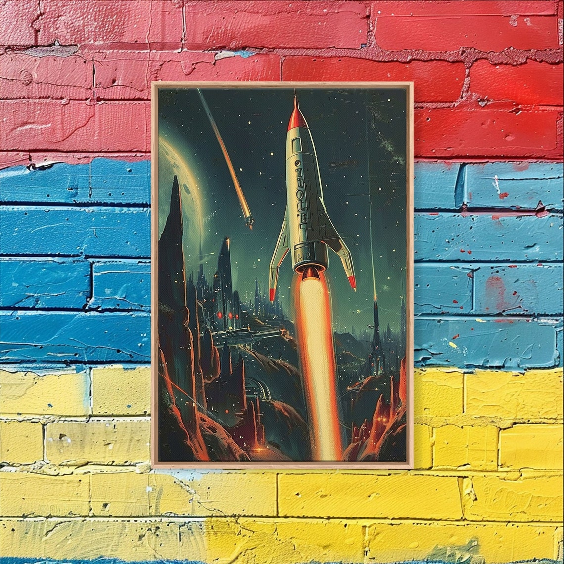 Retro Rocketship Launch Poster Vintage Space Propaganda Alien City Art