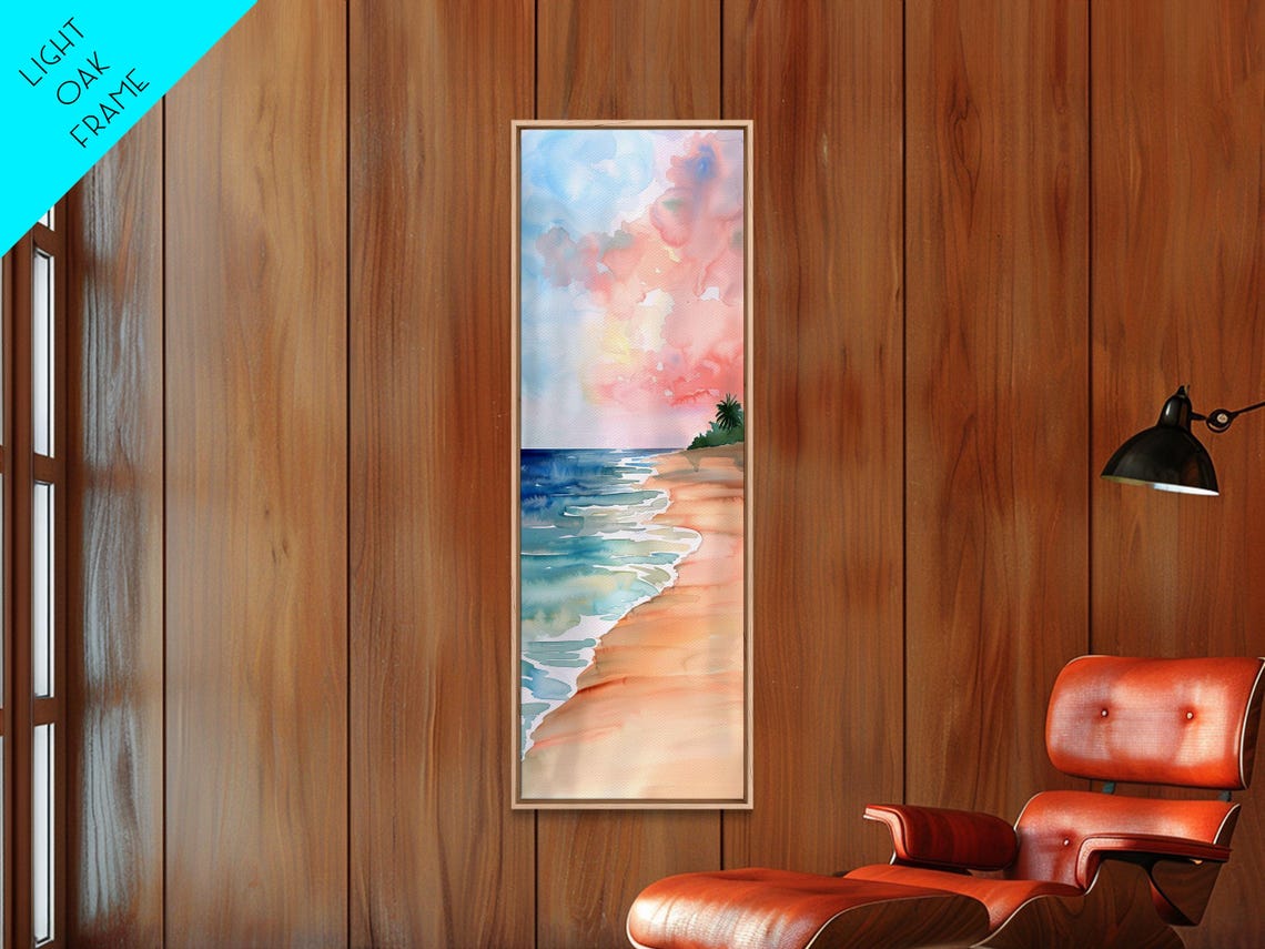 Pastel Watercolor Beach Pink Sky And Sandy Shore Wall Art Print - Image 3