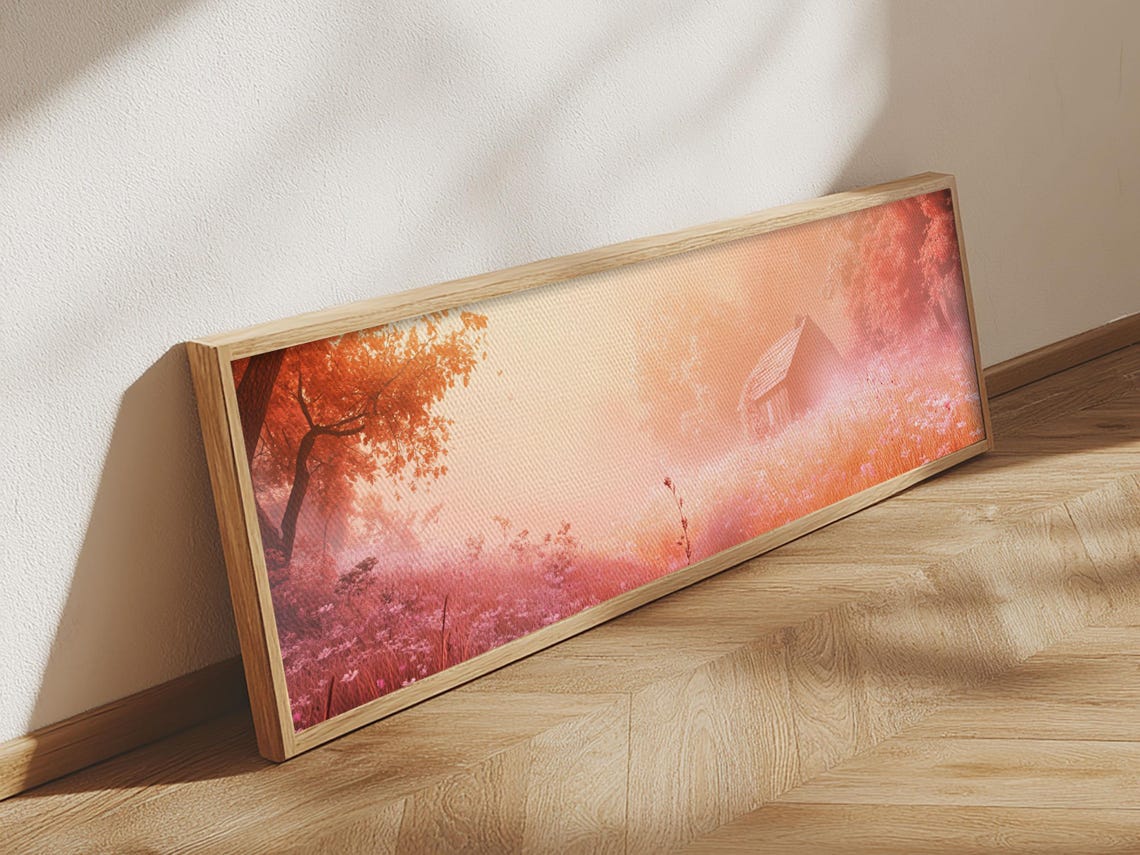 Misty Pink Cabin Autumn Forest Landscape Dreamy Cozy Wall Art - Image 5