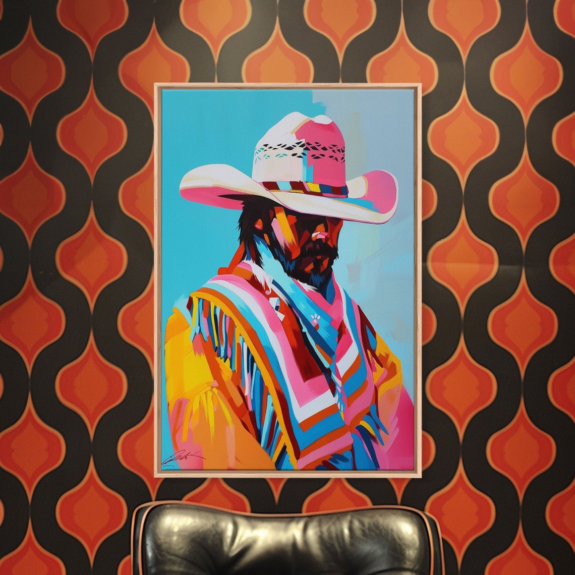 Vibrant Pop Art Cowboy Portrait In Neon Pink And Blue Wall Poster - Image 4