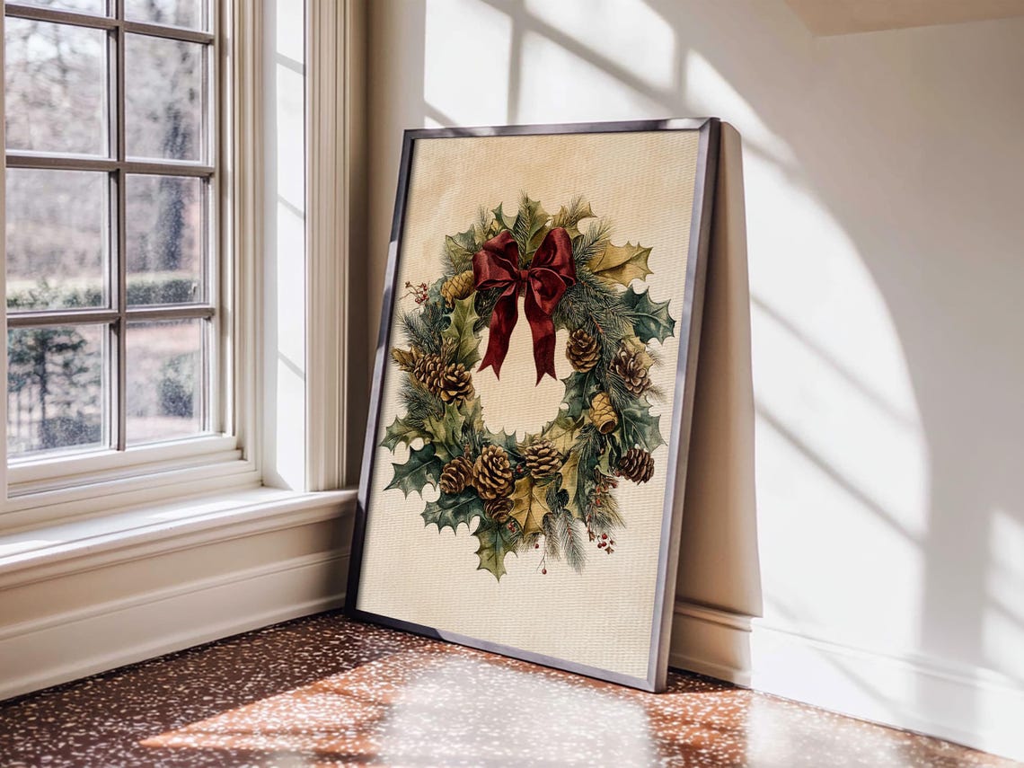 Vintage Christmas Wreath Pinecones Red Bow Classic Holiday Art Poster