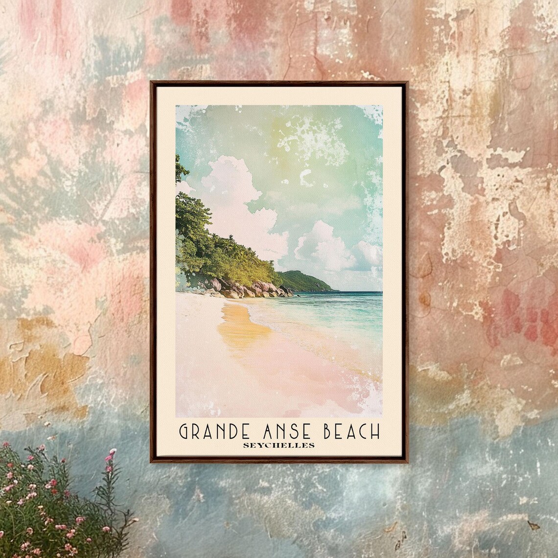 Grande Anse Beach Seychelles Pink Sand Granite Boulders Watercolor Poster - Image 4