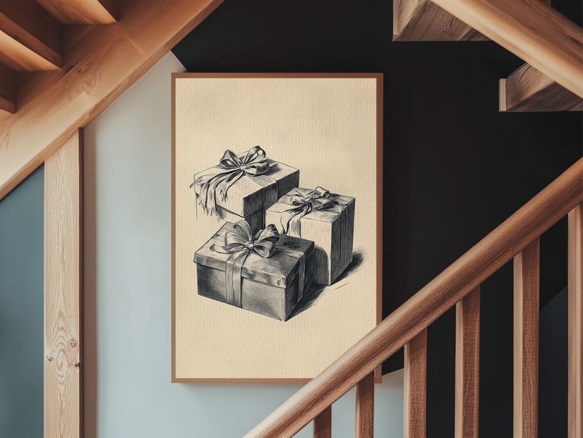 Three Wrapped Christmas Gifts Bow Sketch Vintage Holiday Poster Art - Image 4