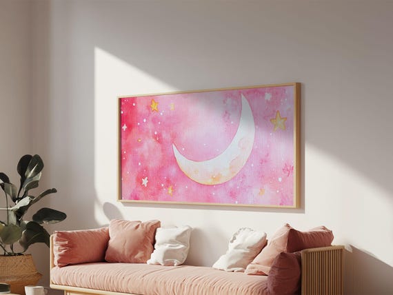 Crescent Moon And Stars Design In Pink Wall Art Style On Framed Print Nursery Or Bedroom Light Pink Whimsical Art