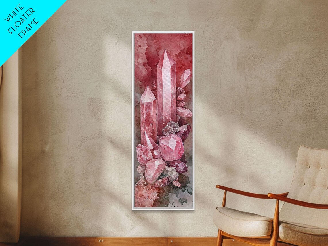 Rose Quartz Crystal Cluster Watercolor Vertical Moody Healing Wall Art - Image 4