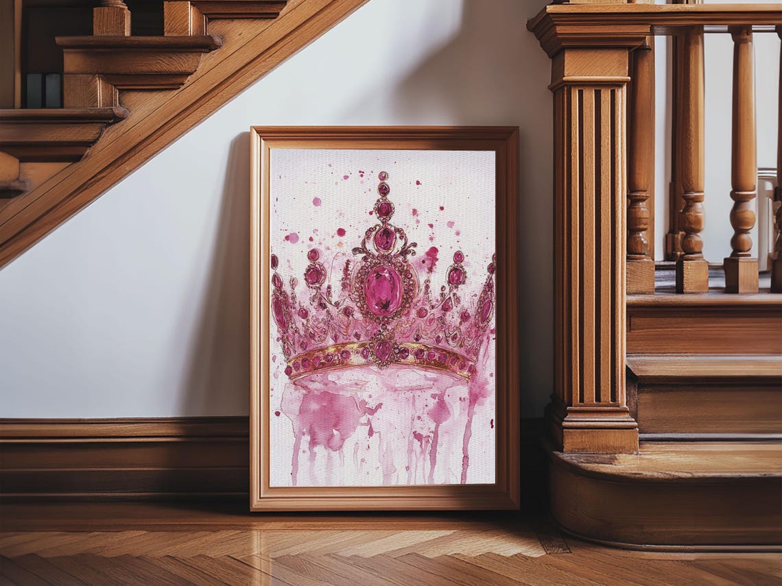 Regal Pink Jeweled Crown Watercolor Queen Princess Wall Art Poster - Image 2