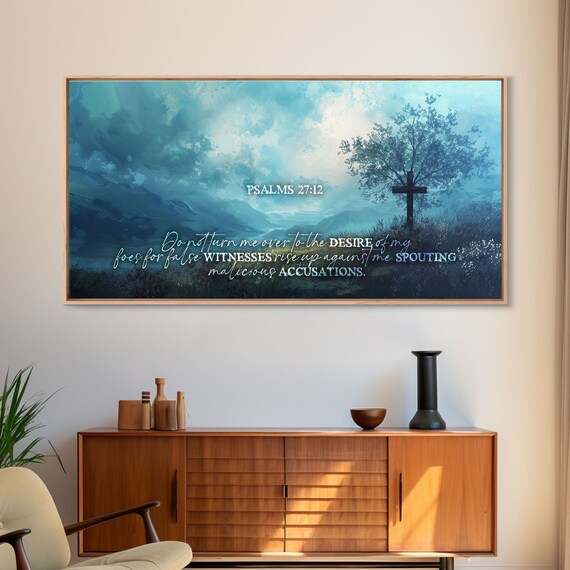 Psalms 27:12 Scripture Wall Art Blue Mountain Valley Cross Faith Quote Print
