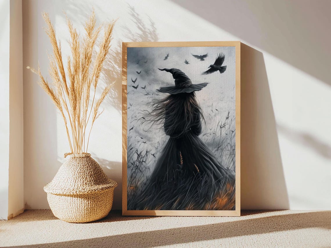 Witch With Crows From Behind Misty Field Gothic Spooky Season Poster - Image 5