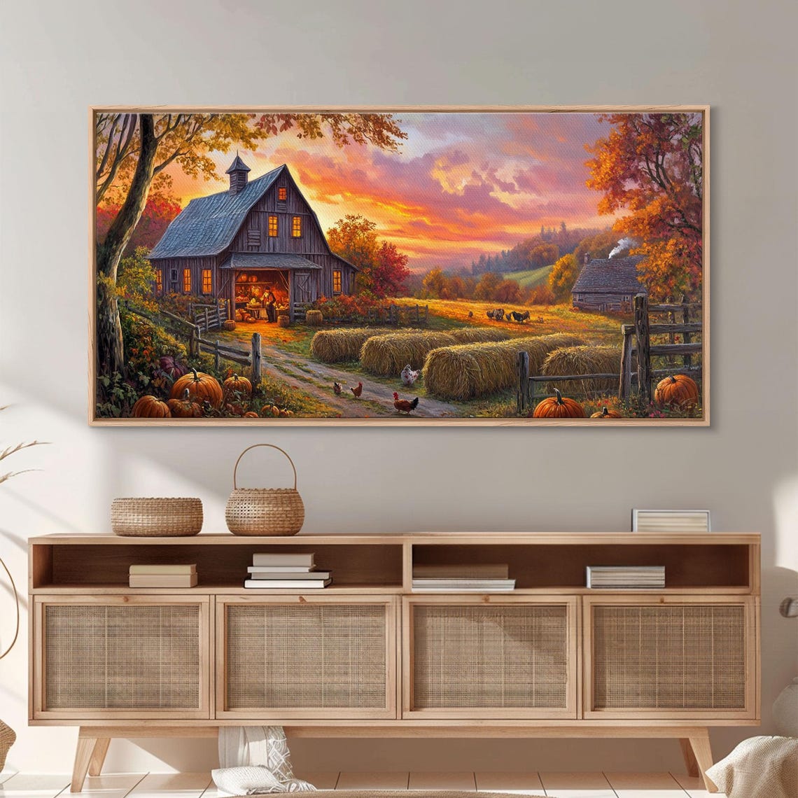 Rustic Barn Sunset Harvest Hay Bales Pumpkins Fall Landscape Art - Image 3