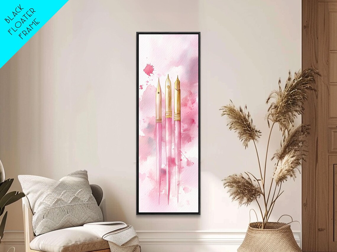 Pink Fountain Pens With Gold Nibs Watercolor Writer Office Wall Art - Image 3