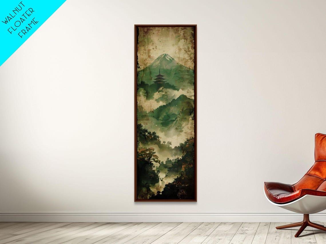 Skinny Art Tall Art Framed Print Japanese Style Art Foggy Mountain Temple Landscape Wood Block Print Ukiyo E Feng Shui Wall Art - Image 3