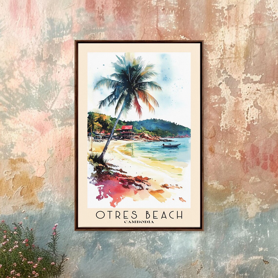 Otres Beach Cambodia Leaning Palm Tropical Shore Red Roof Huts Travel Poster