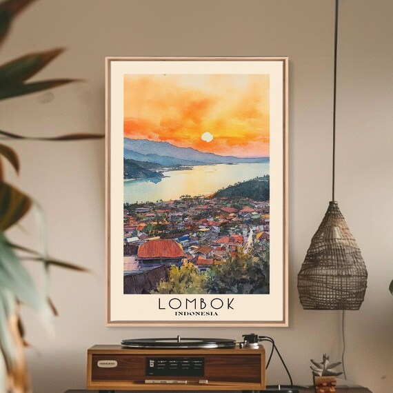 Lombok Indonesia Sunset Coastal Town Bay Mountain View Travel Poster