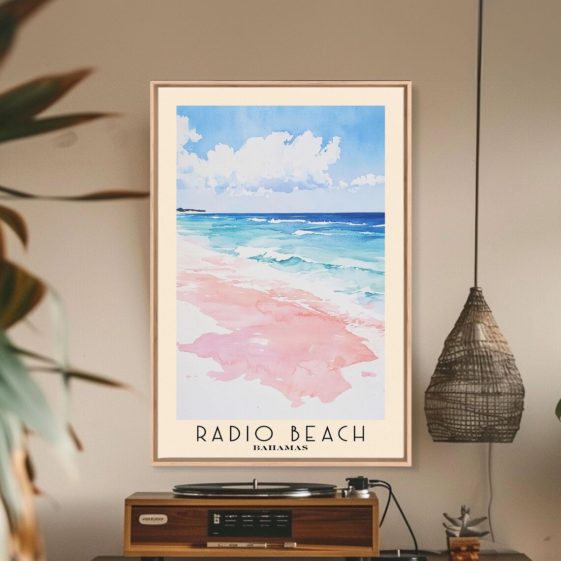 Radio Beach Bahamas Pink Sand Beach Turquoise Surf White Clouds Watercolor Poster - Image 2