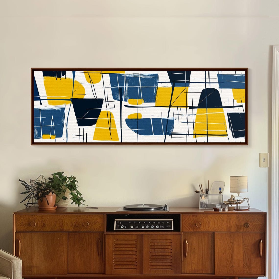 Mid Century Modern Abstract Navy Yellow Geometric Panoramic Print - Image 4