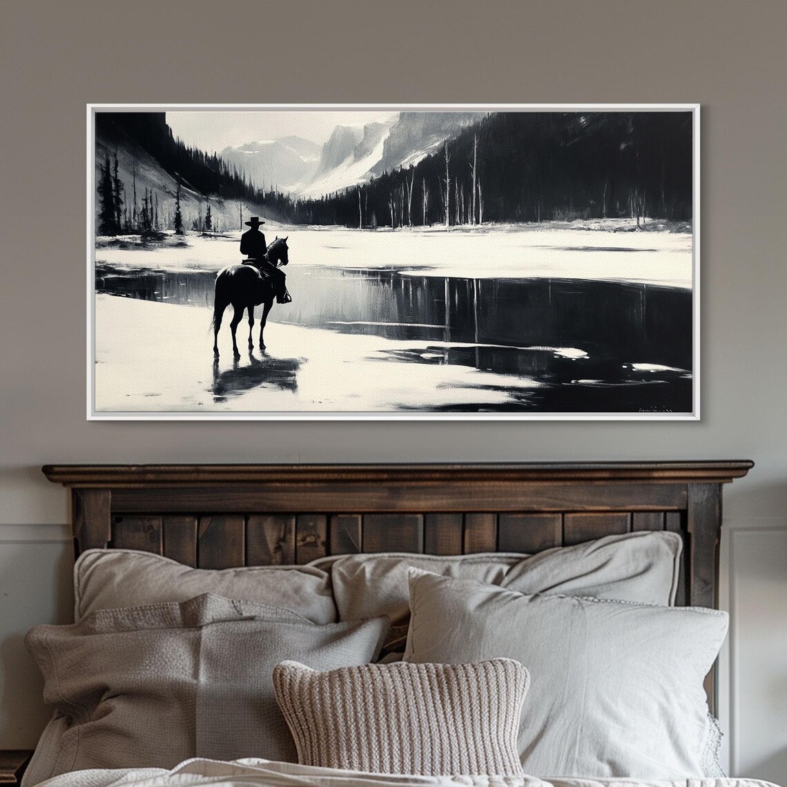 Cowboy On Horseback By A Frozen Mountain Lake Black White Art Print - Image 2