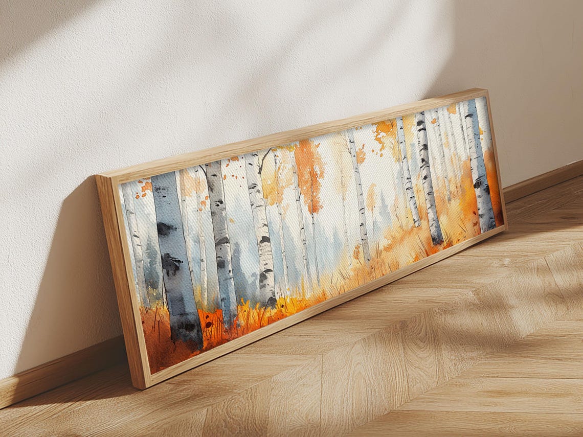 Birch Forest Golden Autumn Foliage Watercolor Panoramic Wall Poster - Image 3