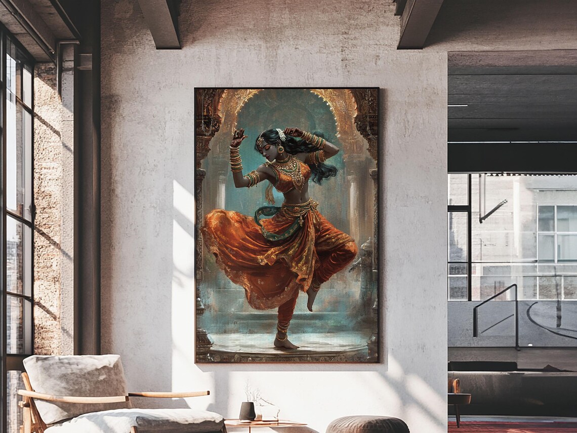 Indian Woman Dancing Orange Sari Temple Traditional Bollywood Art Poster