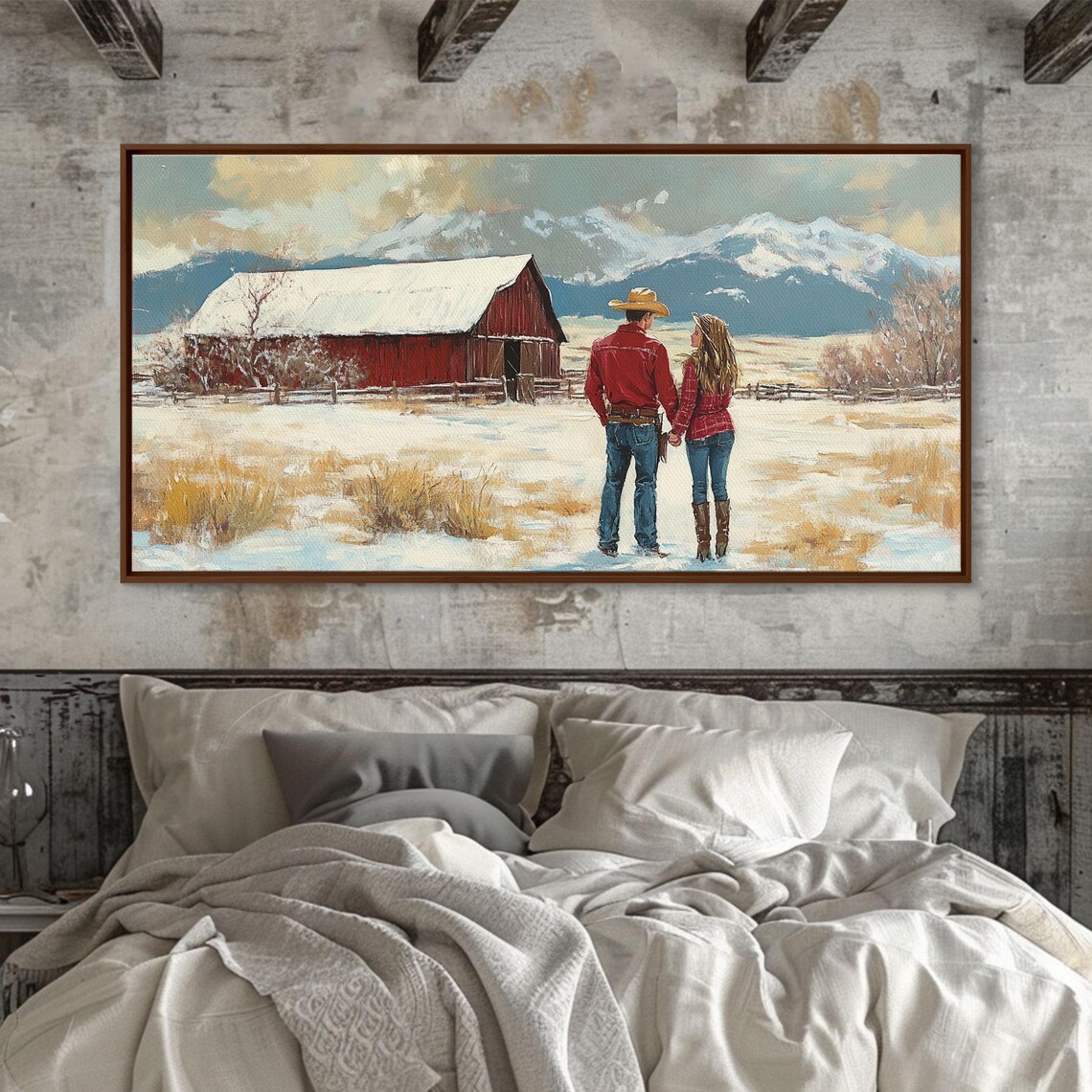 Country Couple Walking To Their Red Barn In Winter Snow Field Poster - Image 5