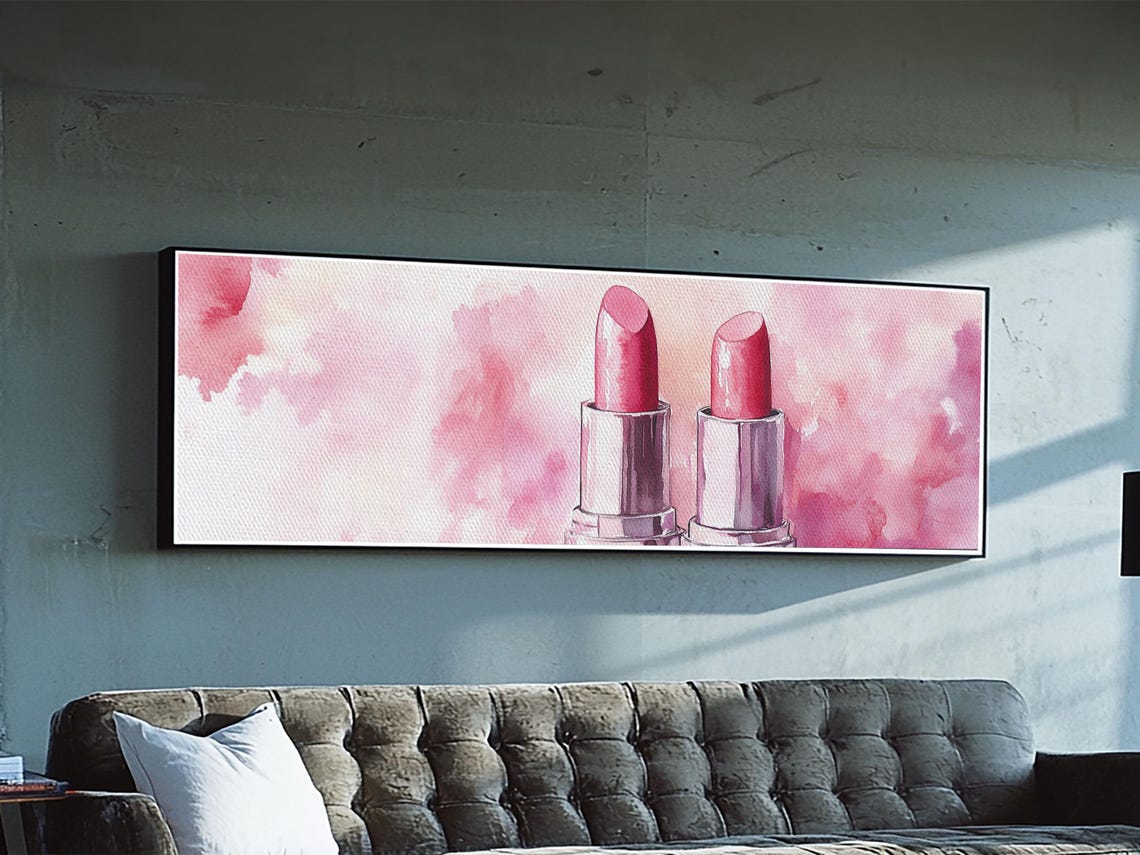 Pink Lipstick Pair Watercolor Makeup Glam Vanity Beauty Room Wall Art