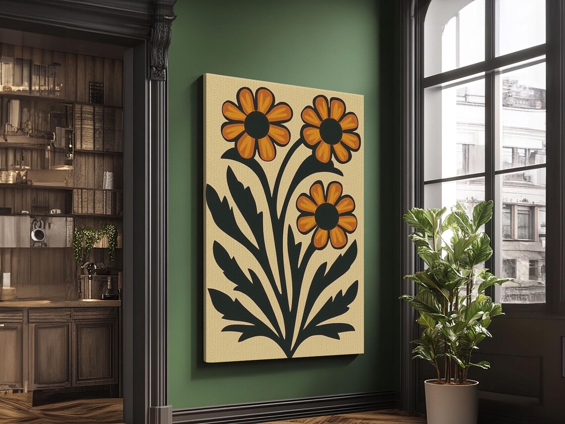 Boho Daisy Flower Floral Botanical Mustard Cream Midcentury Print - Image 3