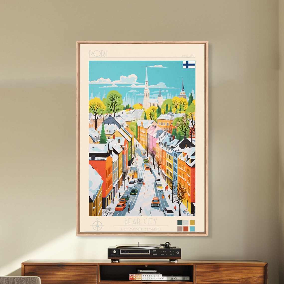 Pori Finland Winter Snow Street Church Towers Old Town Travel Poster