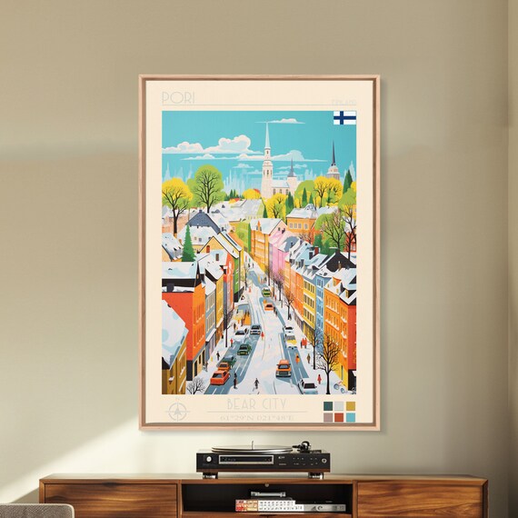 Pori Finland Travel Poster Framed Print Midcentury Modern Art Pop Art Wall Decor Home Decor Vacation Gift Bedroom Art