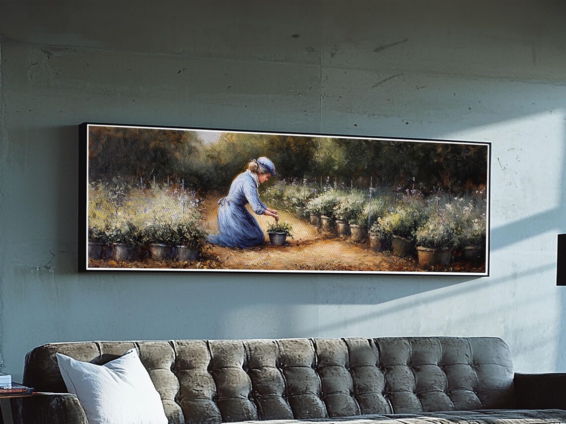 Woman Gardening Vintage Oil Painting Panoramic Garden Nursery Wall Poster - Image 4
