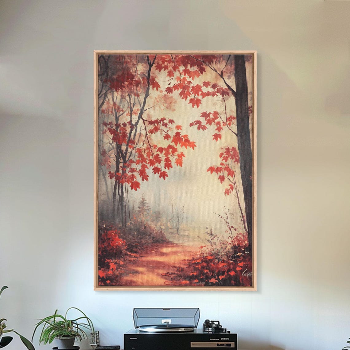 Misty Autumn Maple Path Red Foliage Warm Forest Landscape Poster - Image 5