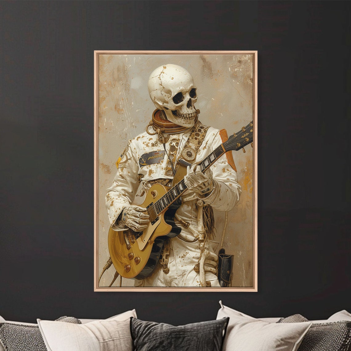 Skeleton Astronaut Playing Guitar Vintage Gothic Oil Painting Wall Art - Image 4